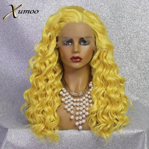 XUMOO Synthetic Lace Front Wig Heat Resistant Yellow Long Curly Cosplay Wig Glueless Wigs For Black Women Peruka