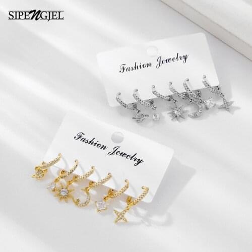SIPENGJEL Fashion Shiny Zircon Crystal Drop Hoop Earrings Set Geometric Star Moon Pendant Earrings For Women Party Jewelry 2021