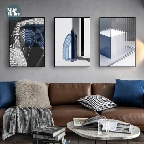 Modern Abstract Geometric Space black white Wall Poster Print Blue figures Canvas Painting Art pictures Living Room Home Decor