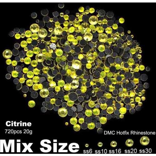 Hotfix Strass Citrine Mixed Sizes SS6 SS10 SS16 SS20 SS30 720pcs Rhinestones Stocker For 3D Nails Art Backpack Design Decoration