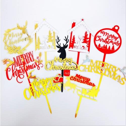 5Pcs Merry Christmas Acrylic Cake Topper Snow Deer Party Dessert Cake Topper Cupcake Topper Christmas Decorations