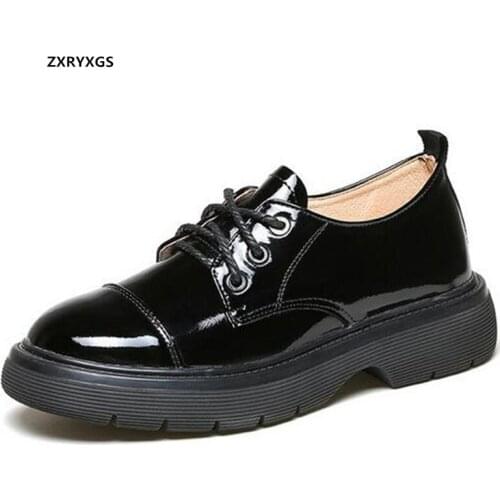 High Quality 100% Genuine Leather Women Flats Platform Non-slip Wear Soft Comfort Shoes Bright Patent Leather Tide Shoes Black