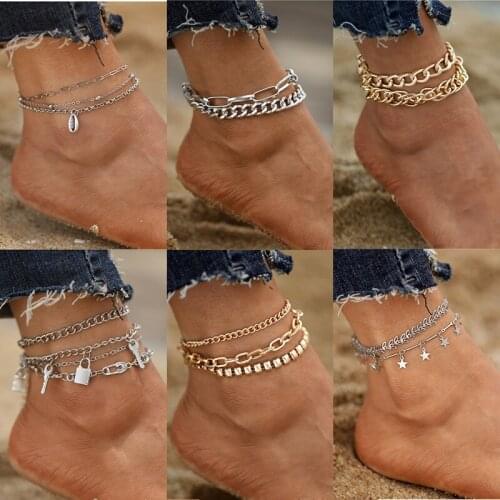 Vintage Simple Silver Color Link Chain Anklets For Women Girls Bohemian Lock Star Leg Ankle Anklet Bracelet Beach Jewelry