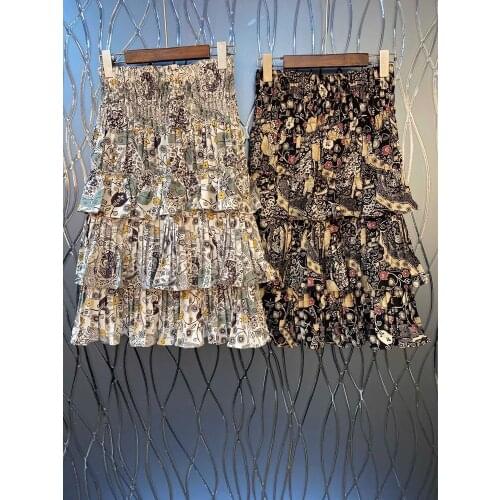 Women Skirt New Spring / Summer 2020 Elegant Floral Elastic Waist Folds Layered Mid-length Womens Skirt