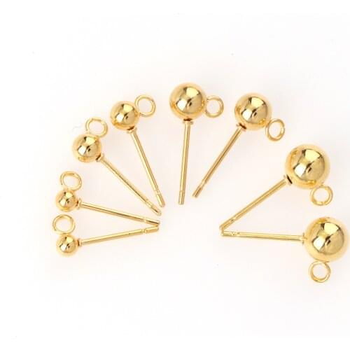 New 10PCS 3/4/5/6mm Stainless Steel Gold Color Ball Stud Earring Pins With Ring For Women Accessories DIY Earring Finding 316L