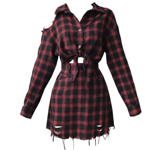 New Harajuku Plaid Two Piece Set Women Off Shoulder Crop Top Long Sleeve T Shirt Fashion Sweet Girl Pleated Skirt Gothic Outfits