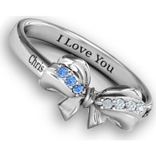 Trendy Fashion Silver Color Bow Inlaid White Blue Zircon Crystal Alloy Metal Female Ring for Women Party Wedding Jewelry