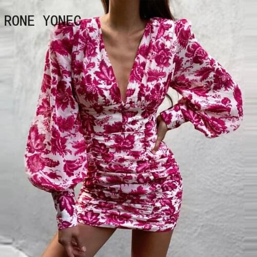 Women Elegant Dress Floral Print Lantern Sleeve Ruched Bodycon Dress Long Sleeve Dress Sexy Patry Dress