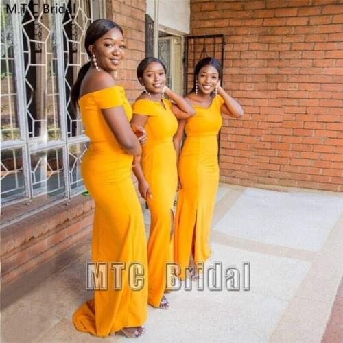 Gold African Bridesmaid Dresses Wholesale Off The Shoulder Side Slit Long Mermaid Maid Of Honor Wedding Party Dress Plus Size