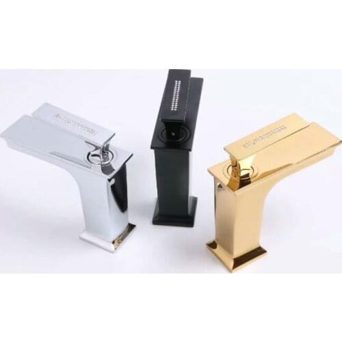GOLD PVD solid brass Bathroom Sink square Faucet modern mixer tap deck mounted Crystal handle Single hot and cold tap hole