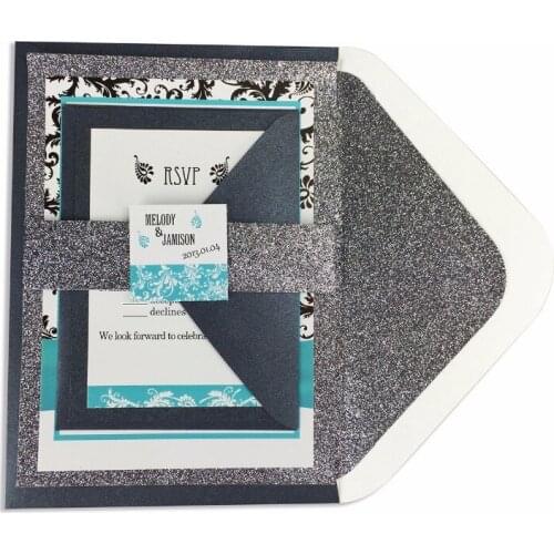 30pcs/lot glitter liner envelop invitation and RSVP set ( including belly band and tag) GDD011V102