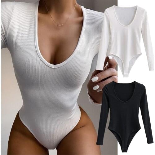 V Neck Long Sleeve White Sexy Knitted Thong Bodysuit Women Black 2020 Autumn Winter Body Top Casual Lady Streetwear Short Romper