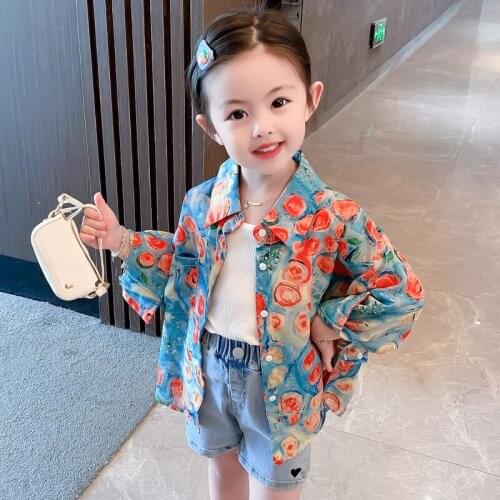 Summer Girls Retro Flower Sunscreen Clothes Korean New Style Shirts Pocket Single-Breasted Cardigan Baby Kids Children Clothing