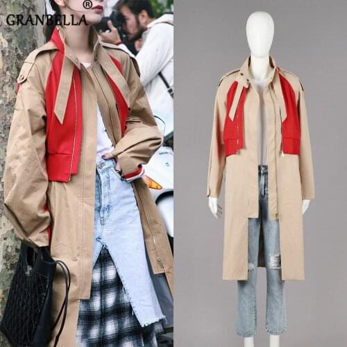 Faux two pieces fashion khaki patchwork Womens windbreaker Ankle-length Trench Coat Autumn Winter Women Warm Overcoat