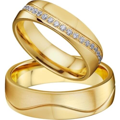 LOVE Alliances marriage Wedding Rings set for couples Gold color Ladies and Mens cubic zirconia stainless steel jewelry