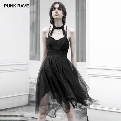 PUNKRAVE Girls Sleeveless Sexy Lolita Dark Black Summer Irregular Mesh Sling Dress Female Harbor Flavor Women Dress