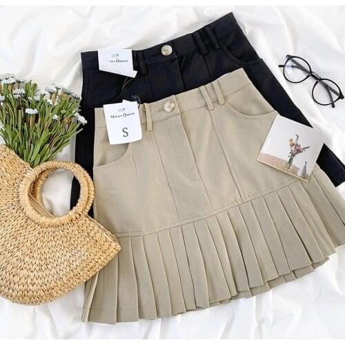 Retro art college style high waist bag hip was thin solid color simple and versatile pleated skirt