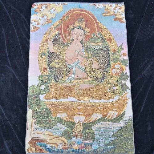 35" Thangka embroidery Tibetan Buddhism silk embroidery brocade Nepal Statue of Bodhisattva with Sword Manjusri Thangkas