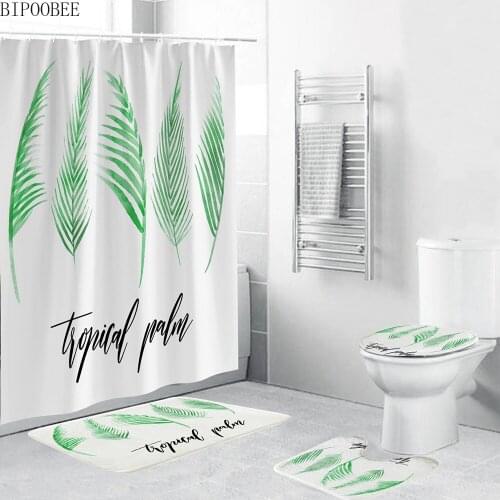 Plants Printed Bathroom Curtains Set Leaves Pattern Shower Curtain Pedestal Rugs Flannel Toilet Cover Anti-slip Rug Bath Mats