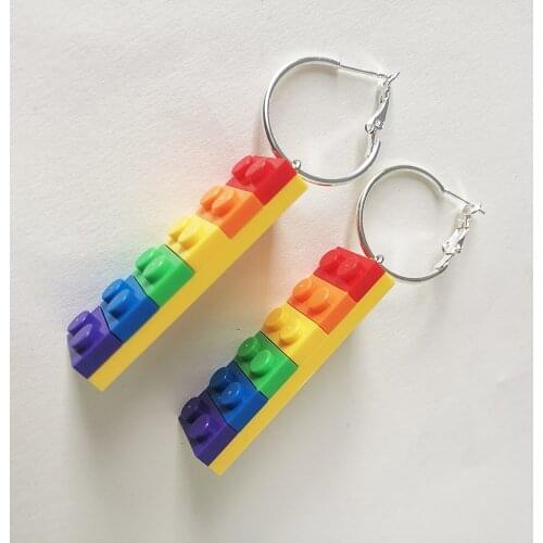 VG 6YM Cute Rainbow Color Block Long Dangle Earrings Novelty Creative Personality Building Block Earrings Ladies Party Jewelry