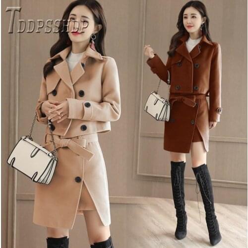 2019 Office Lady Woolen Women Sets Autumn Winter Coat And Skirt Female Sets