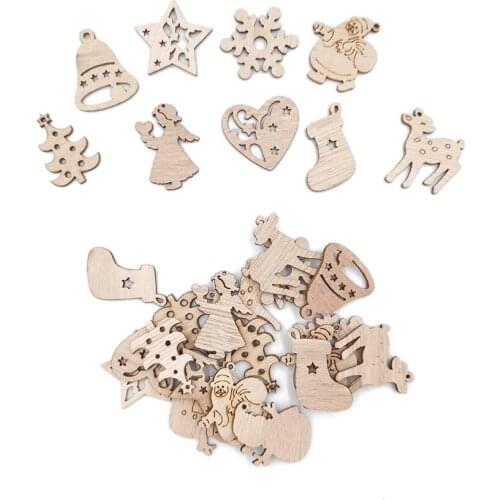 50pcs Mixed Star Angle Snowman Deer Xmas Bell Unfinished Wood Slices Crafts DIY Wood Ornaments Christmas Decorations