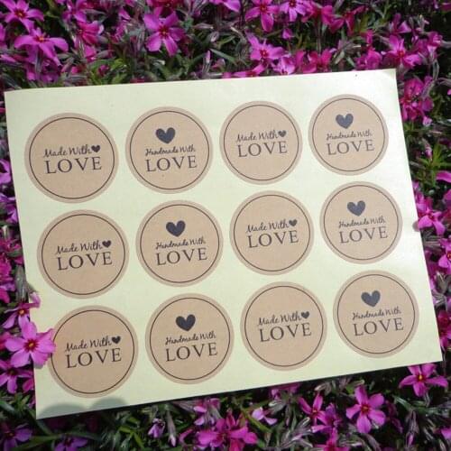 60pcs Made With Love Heart Handmade Cake Packaging Sealing Label Kraft Sticker Baking DIY Gift Stickers