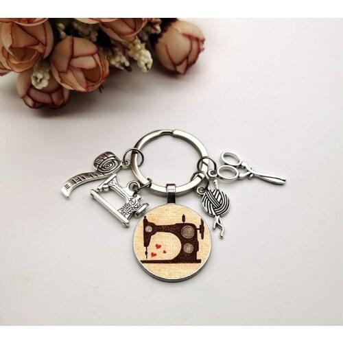 Vintage sewing machine glass keychain scissors keychain cabochon art photography keychain fashion handmade jewelry gift