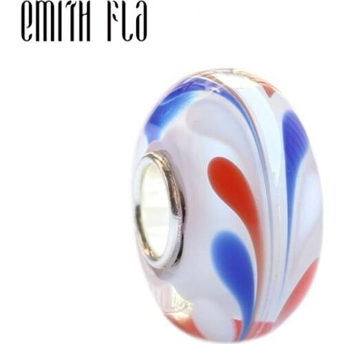 100% 925 Sterling Silver Large Hole Colorful Flowers Glass Murano Charm Beads DIY Fit European Brand Bracelet Jewelry