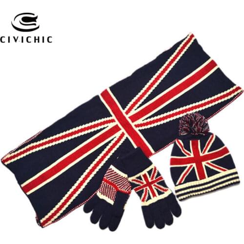 CIVICHIC Fashion Parent Child UK Flag Knit Scarf Hat Glove 3 Piece Winter Warm Pompon Beanies Fleece Adult Children Warmer SH133