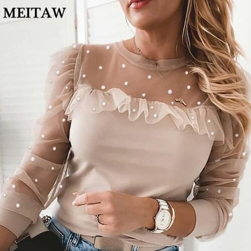 Elegant Mesh Patchwork Blouse Shirt Women 2021 Spring Ruffle Beading Lantern Sleeve Office Shirt Sexy Hollow Out O Neck Tops