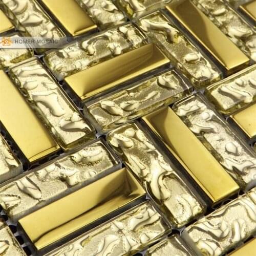 Electroplating Luxury Golden Glass Mosaic Tiles strip pattern Luxury Fashion Wall Tiles Shiny Golden Color shining