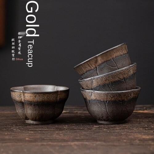 Japanese Style Coarse Pottery Gilding Iron Glaze TeaCup Ceramic Kung Fu Tea Cup Vintage Single Cup Master Cup Bowl Teacups