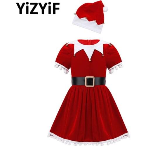 Christmas Elf Costume for Baby Girls Xmas Dress with Hat Belt Sets Kids Toddlers Santa Claus Cosplay Holiday Party Clothes