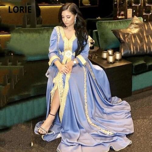 LORIE Moroccan Caftan Evening Dress Gold Appliques Lace Long Sleeve A-Line Custom Made Arabic Prom Gowns Party Dress