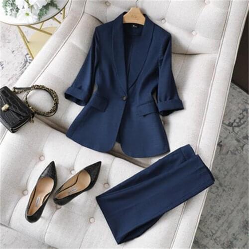 Fashion plus size black blue Linen Profession suit female summer New slim suit + pencil pants two-piece Sets Womens size S-4XL