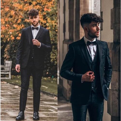 Black Print Mens 3 Piece Suits Classic Peaky Blinder Suit Slim Fit Vintage Business Jacket Pants Vest Custom Wedding Tuxedos