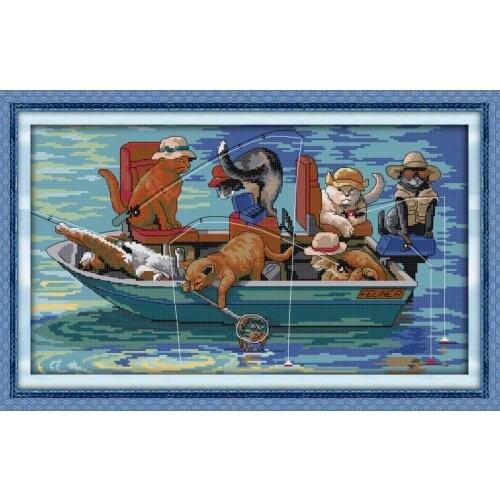 Cat Fishing Printing Cross Stitch Kit Pattern or Traditional Embroidery Sewing 11CT 14CT DIY Handicraft Home Decoration Painting