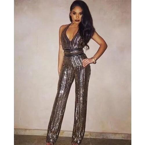 Sexyboutique 2020 New Gold Sequin Jumpsuit Romper Women Sexy Bodysuit V Neck Striped Jumpsuit Sexy Party New Fashion