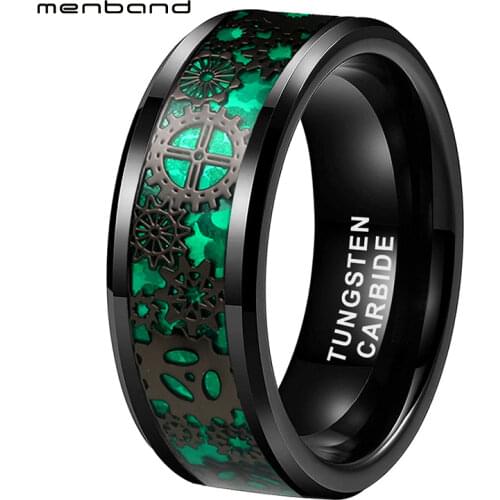 8MM Tungsten Wedding Band With Black Mechanical Gear Wheel And Green Opal Inlay Beveled Edges Polished Finish Comfort Fit