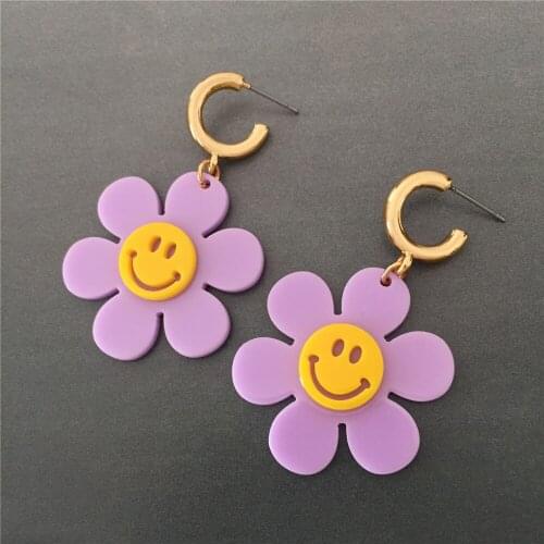 Lovely Decoration Gold Color Hoop Colorful Acrylic Sunshine Flower Smile Emotion Charm Earrings For Women Girl Sweet Jewelry