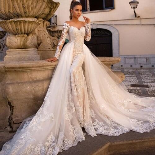 H268 Gorgeous Mermaid Wedding Dresses 2021 Appliques Detachable Train Dress Elegant Scoop Neck Long Sleeves Vintage Bridal Gowns