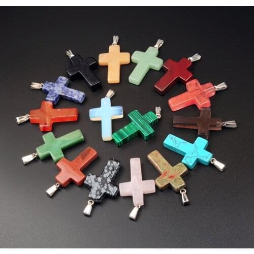 Simple Cross Religious Pendant Mixed Stone Snow Flake Obsidian Semi Precious Beads Iridescent Opalite Pendant For Jewelry Design