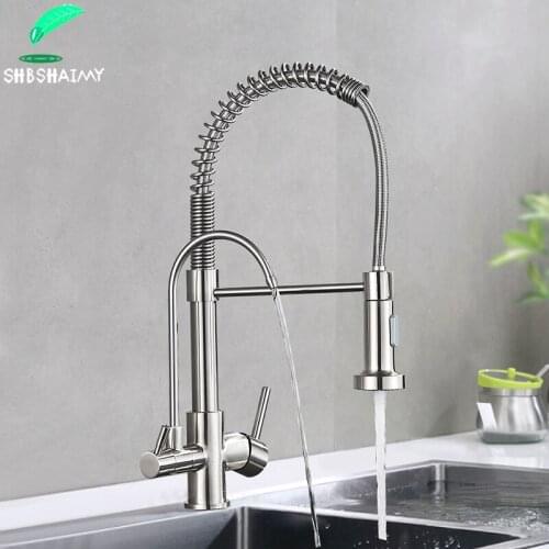 SHBSHAIMY Brushed Nickel Filtered Faucet Purified Water Faucet for Kitchen Double Handles Single Hole Cold Hot Water Mixer Taps