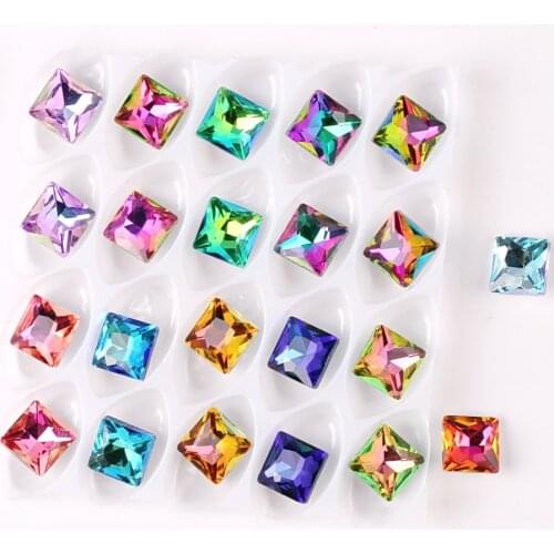 Glass crystal 8mm Square shape Rainbow & jelly candy AB colors point back Glue on rhinestone beads applique nailart diy trim