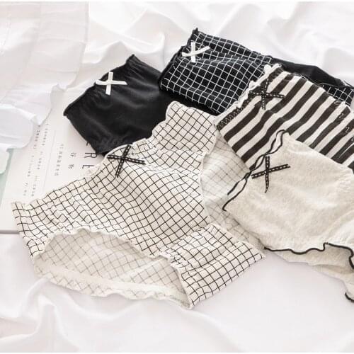 Sexy Black Lattice Bow Panties Ruffles Women Cotton Striped Knickers Fashion Ladies Square Briefs Breathable Underwear Lingeries