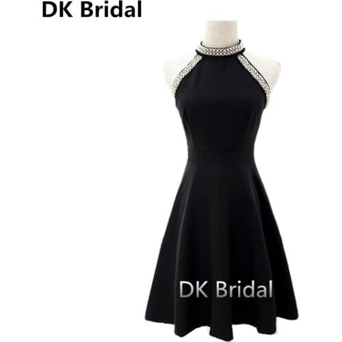 Vintage Sexy Black A-Line Prom Dresses Girls 2019 Vestido De Festa Halter Pearls Fashion Party Gowns Satin Simple Evening Gowns