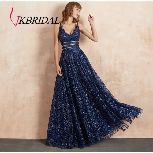VKBRIDAL Long Evening Dress Elegant Homecoming Party Dresses V Neck Tulle Sparkle Crystal Luxury Prom Gown 2019