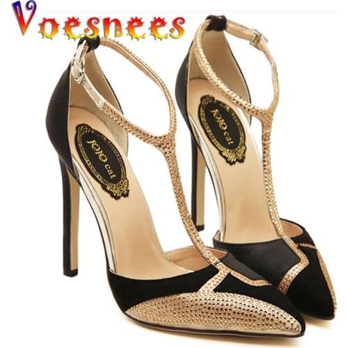 Voesnees Women Sandal 2021 New Exquisite Pointed Multicolor High Heels Diamond Sexy Herringbone Buckle Hollow Out Stiletto Shoes