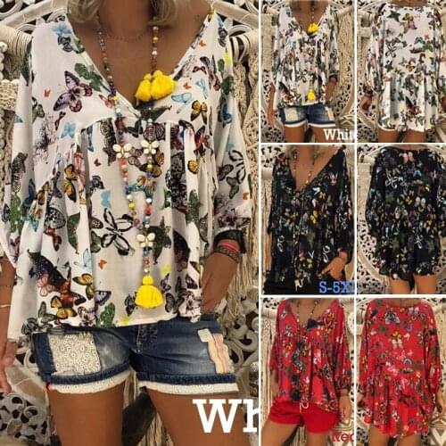 Women Autumn Tops Boho Shirts Floral Butterfly Printed Blouse Ladies Long Sleeve Loose Shirts Casual Deep V Neck Blusas